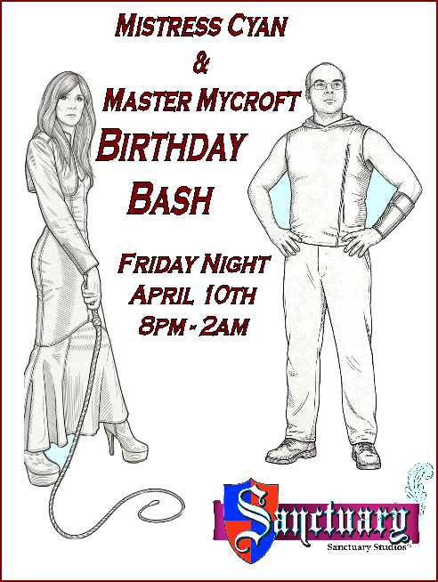 Mistress Cyan and Master Mycroft's Birthday Bash event flyer
